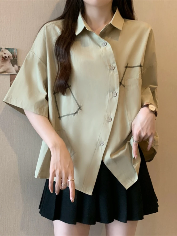 

Slimming Short Sleeve Shirt Women's Summer Base Layer Top Cover Stomach Irregular Hem Korean Style Loose Fit Shirt