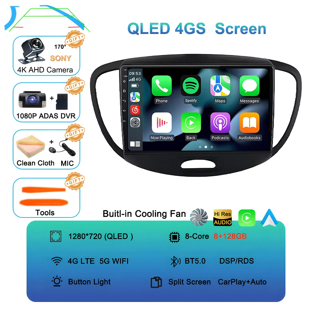 Android 16 Carplay Auto autoradio voor Hyundai I10 2007 - 2013 CarPlay Auto GPS Recorder Multimedia videospeler 4G+WiFi DSP