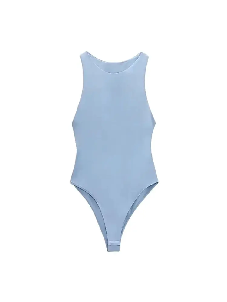 TRZA Women Fashion With Halter Neck Skinny Bodysuit Sexy Sleeveless Snap-button Female Playsuits Mujer image 4