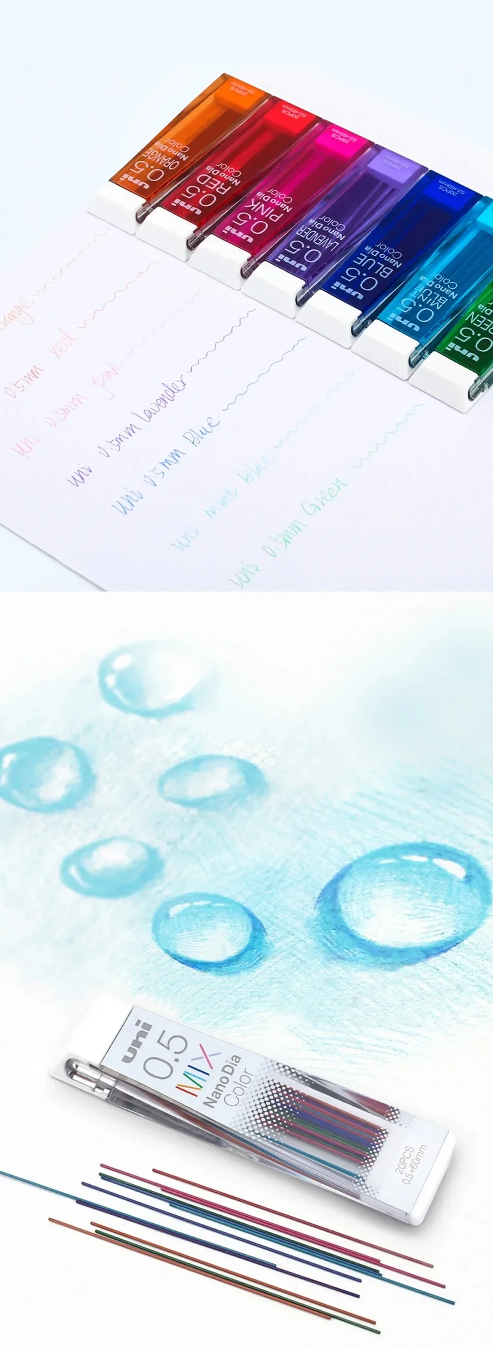 Japan Uni Nano Dia Color 202NDC farbige Druckbleistiftminen, Nachfüllungen 0,5 mm, Schreibzubehör, stationäre Mix-Kerne, Malkunst – Detail 2
