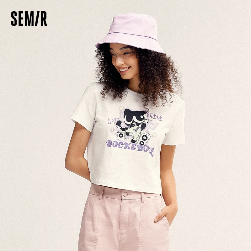 Semir Luo Small Black Short Sleeve T-Shirt Women Short Design Sense Printing Retro 2024 Summer New Cotton Tops Lovely T shirt