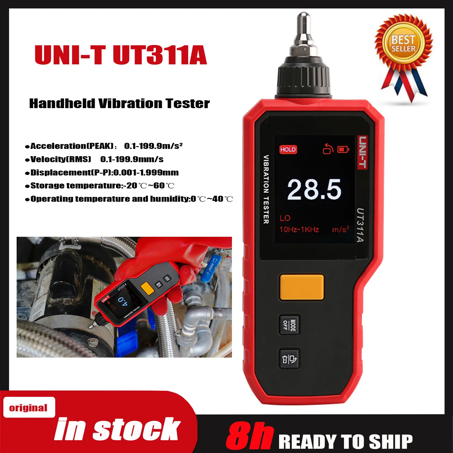 UNI-T UT311A UT312A Handheld Vibration Tester Digital LCD Display Data Hold Velocity Displacement Testers 2.4″ TFT Screen