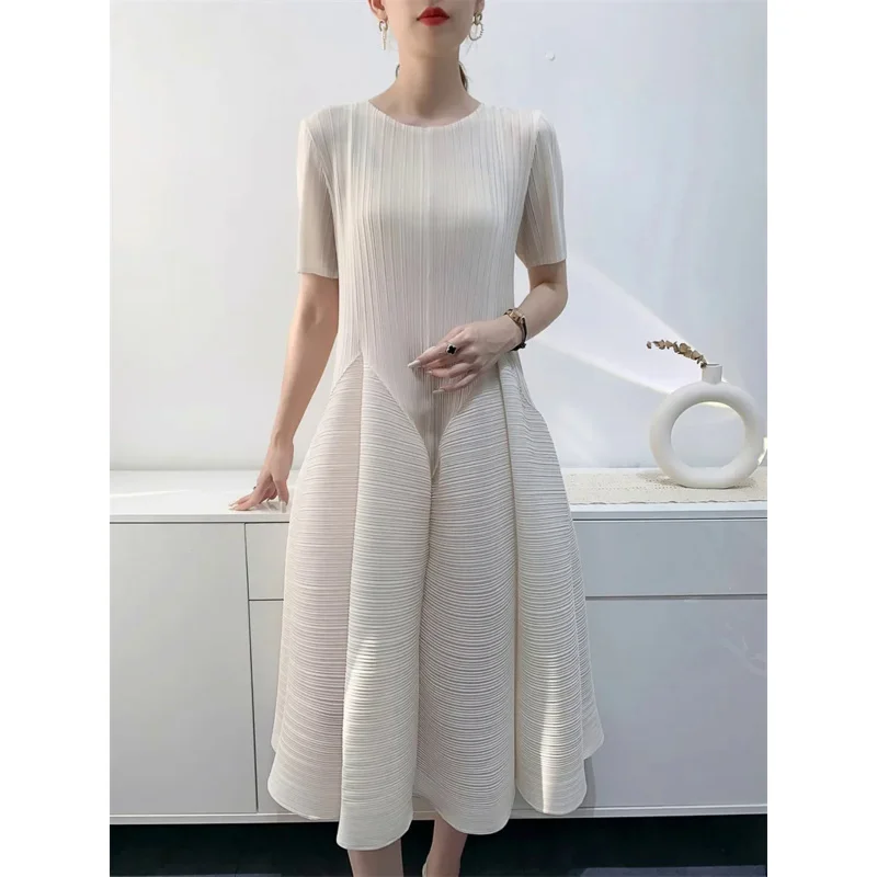 Miyake pleated dress women 2024 elegant slim summer new casual mid-length dresses women clothing o collar short sleeve Bud skirt