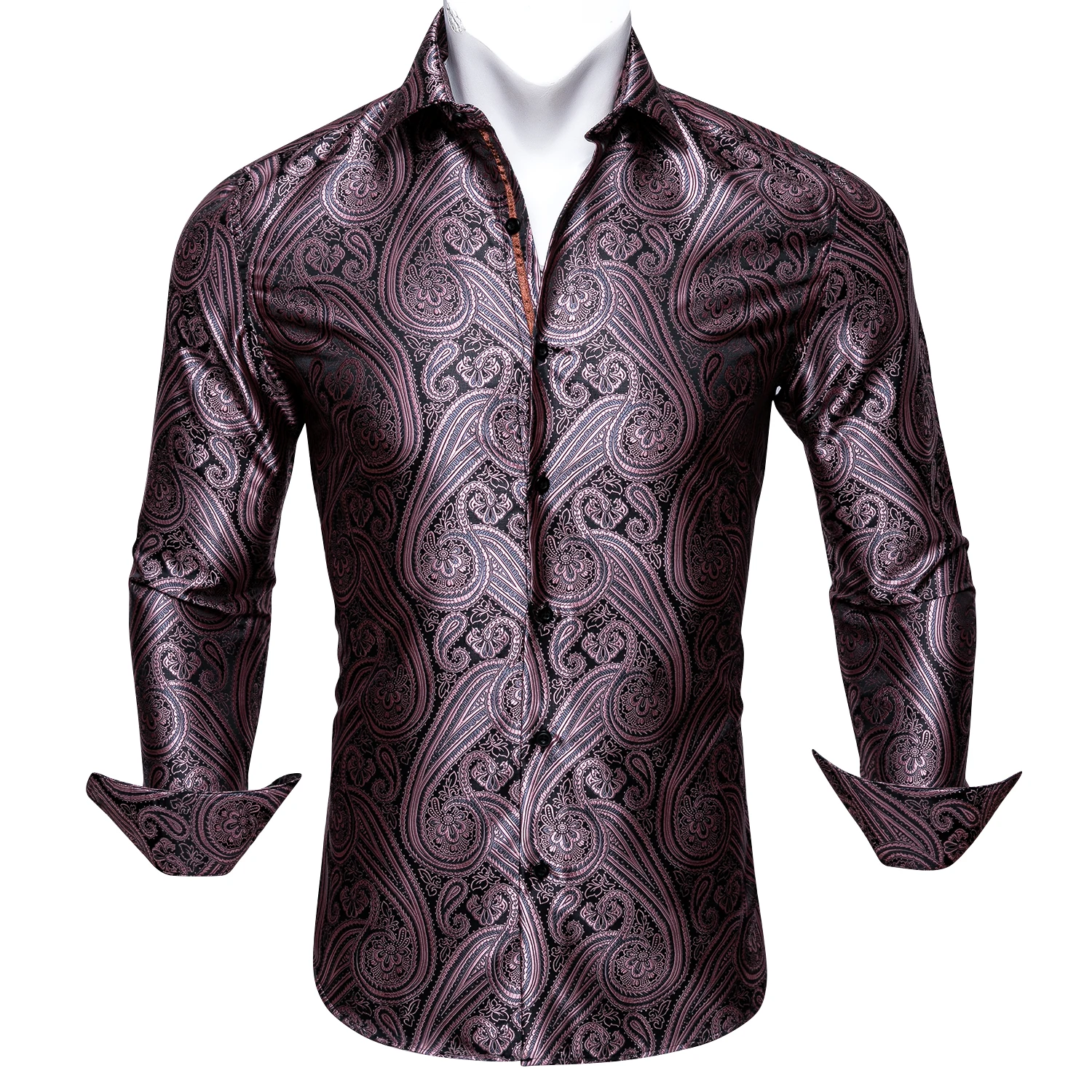 Barry.Wang Luxury Pink Paisley Silk Shirts Men Long Sleeve Casual Flower Shirts For Men Designer Fit Dress Shirt BY-0050