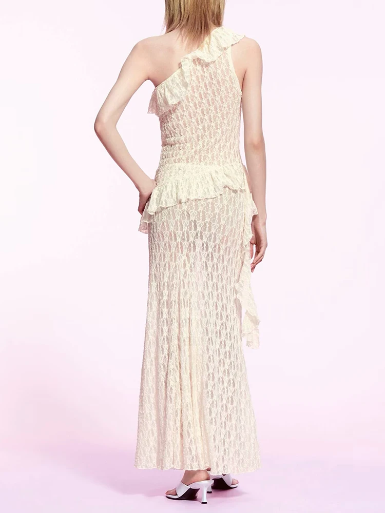 ชุดเสื้อครอปเอไลน์แบบไม่สมมาตรและกระโปรงยาว แฟชั่นเอวกลาง ซิปด้านหลัง ชุดออกงาน สีพื้น ฤดูร้อน 2025