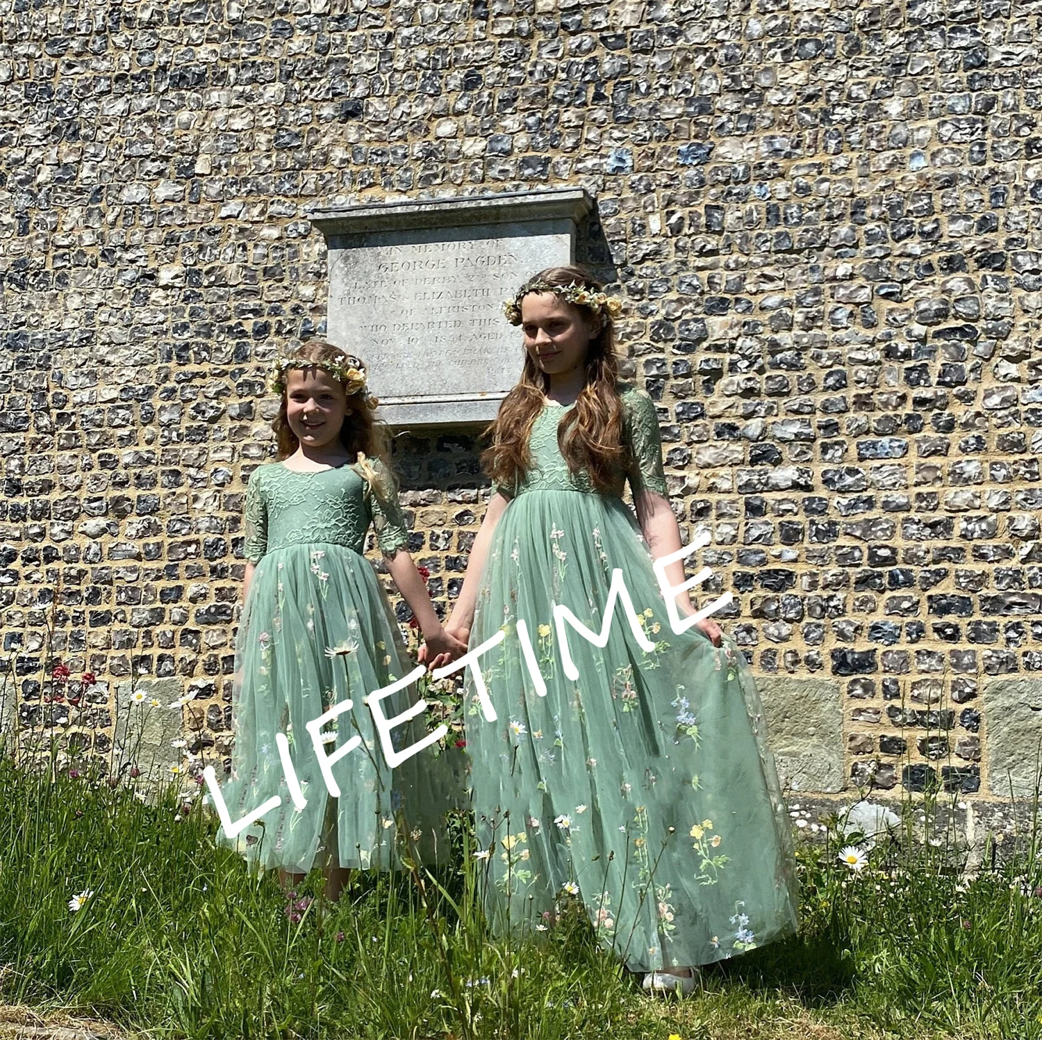 Boho Bridal Embroidered Flower Girl Dress Long Sage Green Lace 3/4 Sleeves Bohemian Beach Rustic Style Kids Wedding Party Dress