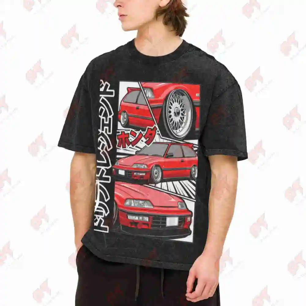 JDM Tuning Car Drift Racing 252Gsm Vintage Washed Tee Pure Cotton T-Shirt