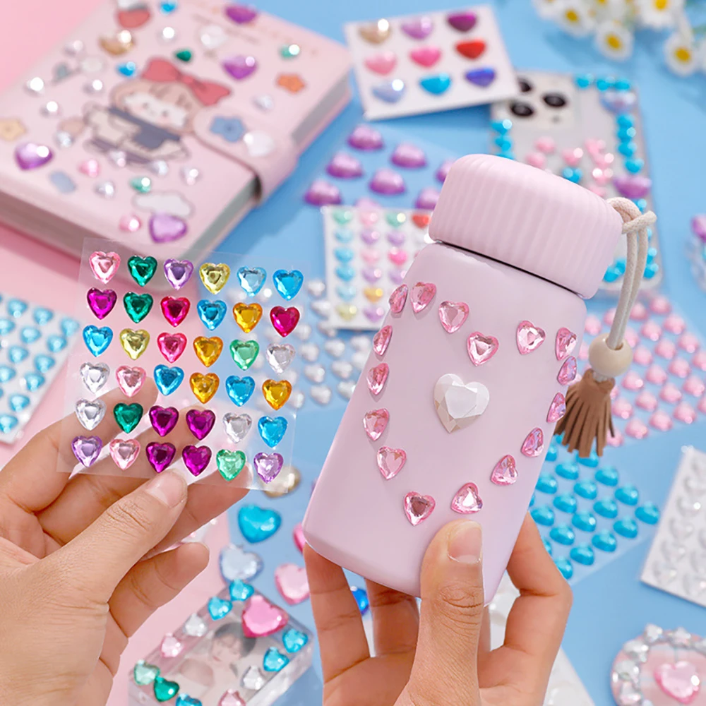 Pegatinas de gemas de corazón de amor 3D, pegatinas de diamantes de imitación de joya autoadhesivas, pegatinas de cristal para niños, decoraciones