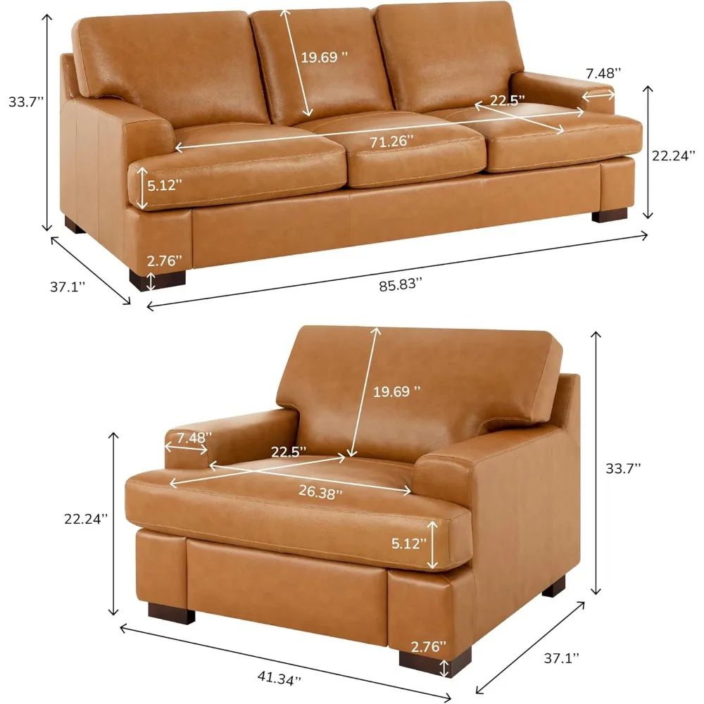 Genuine Leather Sofa for Living Room,Bedroom - Chair, Sofa - Luxurious Comfort, Goose Feather Cushion Filling,Square Arm Design