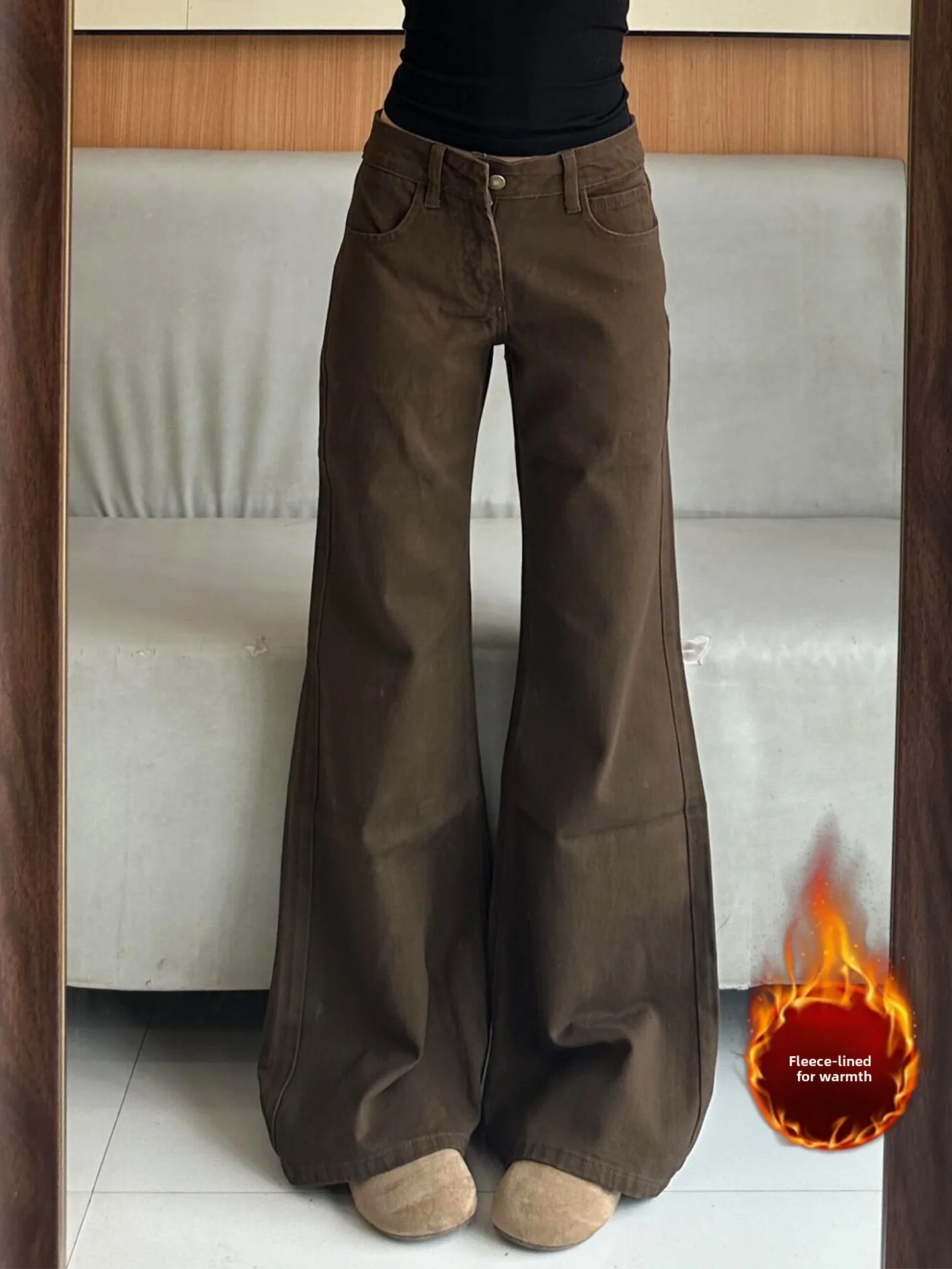 

Low Waist Fleece Lined Bootcut Jeans Women's Autumn Winter New Style American Loose Slimming Straight Leg Jeans