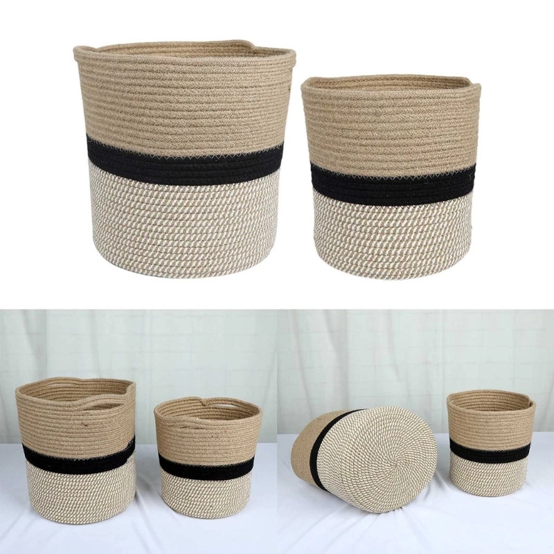 2024 New Cotton Rope Storage Basket with Handle Woven Desktop Sundries Toy Organizer Box Dirty Clothes Laundry Hamper Flower Pot