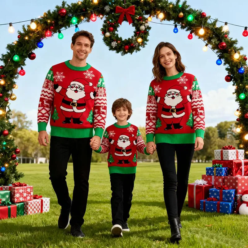 جديد عيد الميلاد الأطفال السترة الوالدين والطفل الزي الرجال النساء سانتا كلوز الأسرة موضوع حفلة الكرتون المطبوعة محبوك سترة #1
