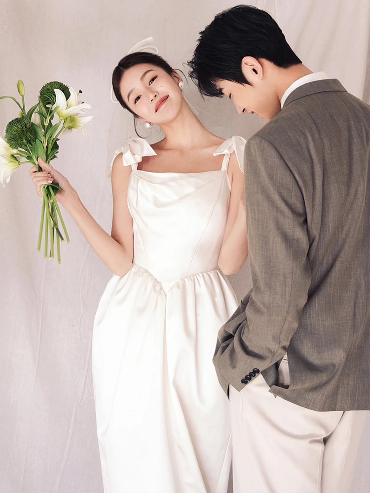 

Simple White Satin Wedding Dr 2026 New Sle Bridal Outfit Vintage Strapl Ceremony Dr A-Line Skirt Outdoor Lawn