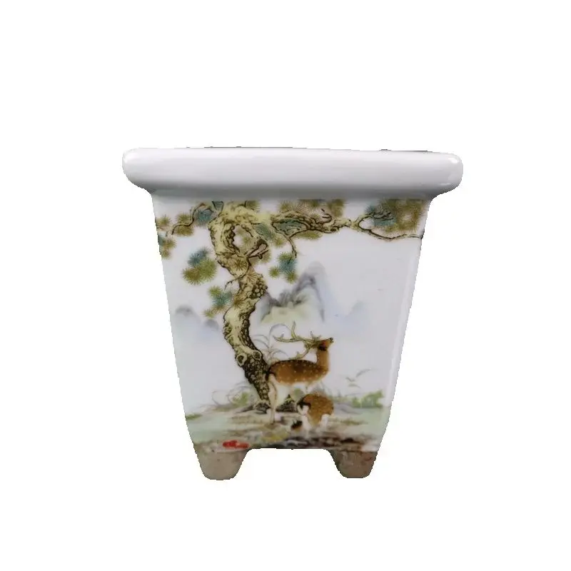 

Chinese Old Porcelain Pink Pine Deer Pattern Square Flower Pot