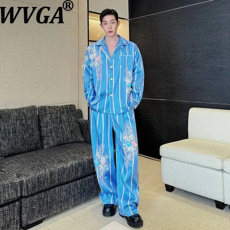 

WVGA Spring Autumn New Man Striped Floral Design Trendy Long Slevee Shirt Niche Chic Casual Straight Pants Two Pieces Set W23475
