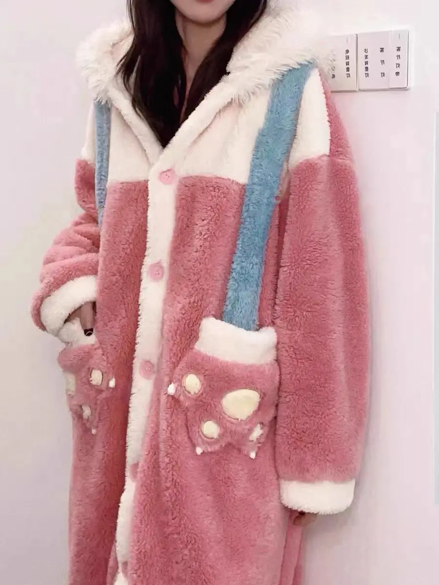 Winter Fleece Long Robes with Bow Ear Hooded Loose Pajama Top Thick Warm Kawaii Sleepwear Cute bathrobe women night gown