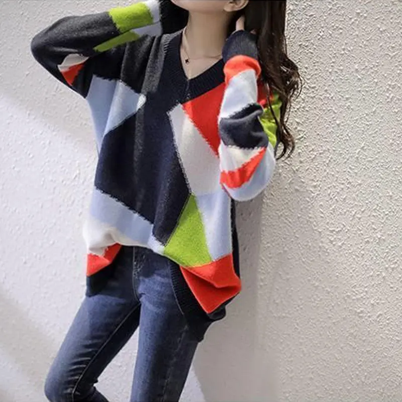 Casual Contrasting Colors Irregular Patchwork Jumpers Korean Loose Autumn Winter Fashion Female Clothing V-Neck Knitted Sweaters