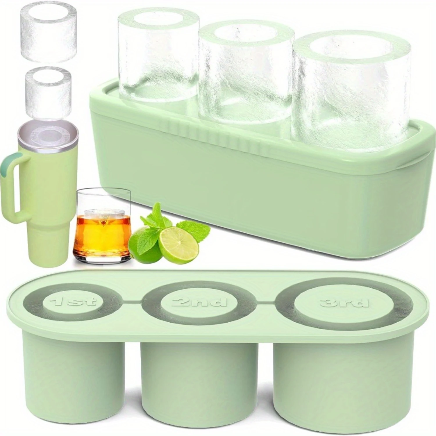 BPA-Free 3-Piece Silicone Ice Cube Tray Set for 40oz Tumblers - Includes Lid & Bin, Perfect for Whiskey, Cocktails, Juice - Gr