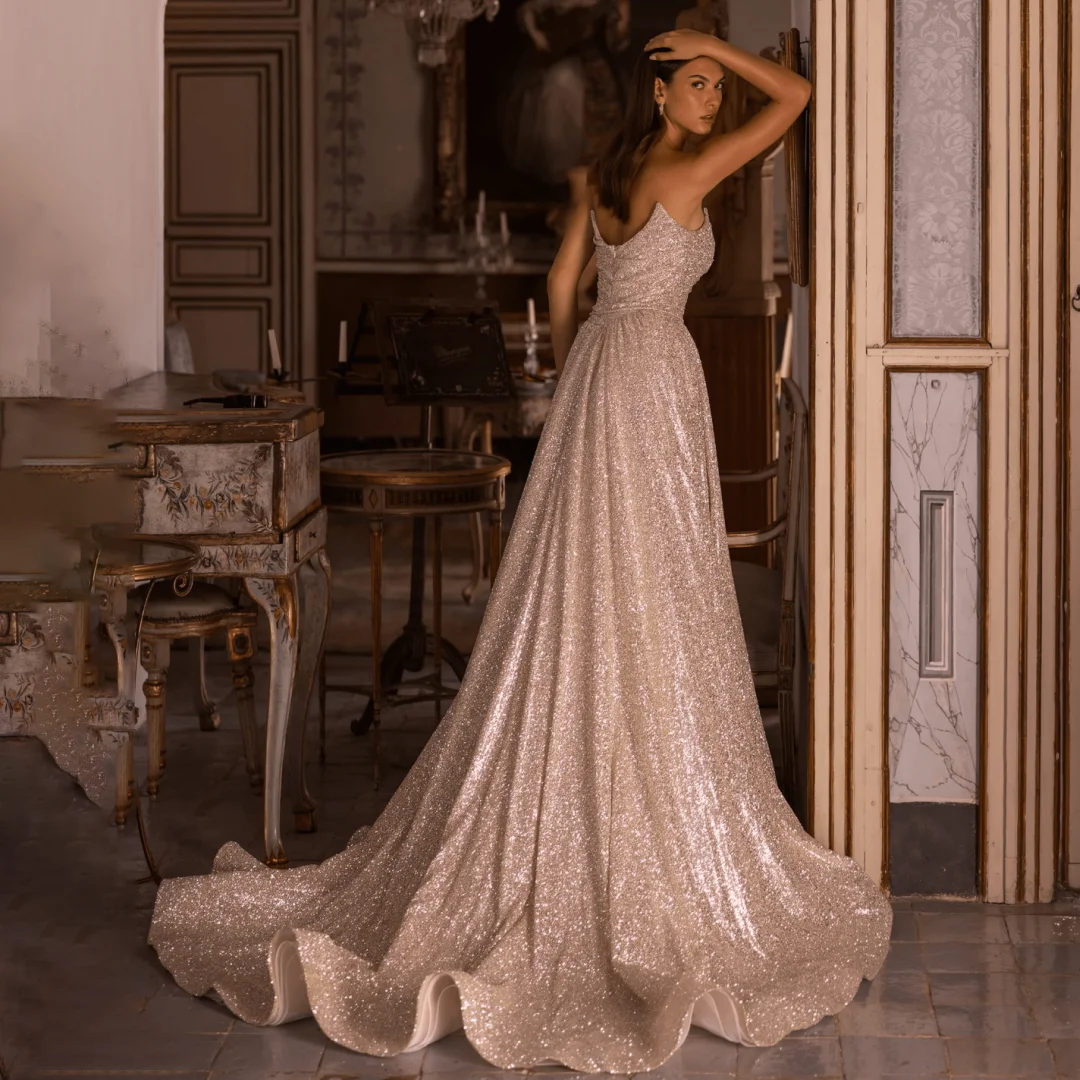 فساتين زفاف لامعة على شكل حرف v بدون حمالات رائعة بدون حمالات على شكل حرف a مكشكشة فستان زواج الكنيسة أنيق سباركلي فستان العروس للحفلات الراقصة