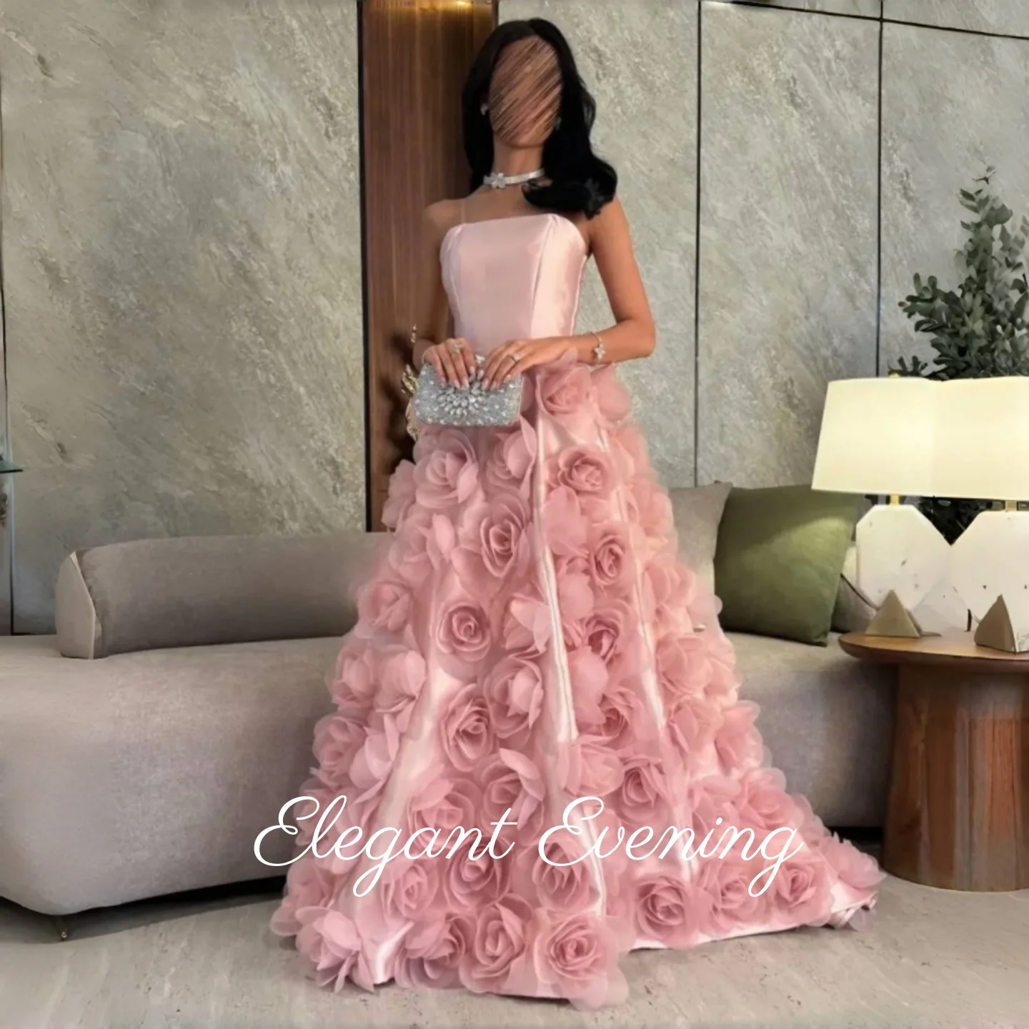 

Elegant Strapless Evening Dress Pink 3D Flower Prom Dress Mermaid Ruffled Saudi Arabia Customized Formal Occasion Dresses 2025