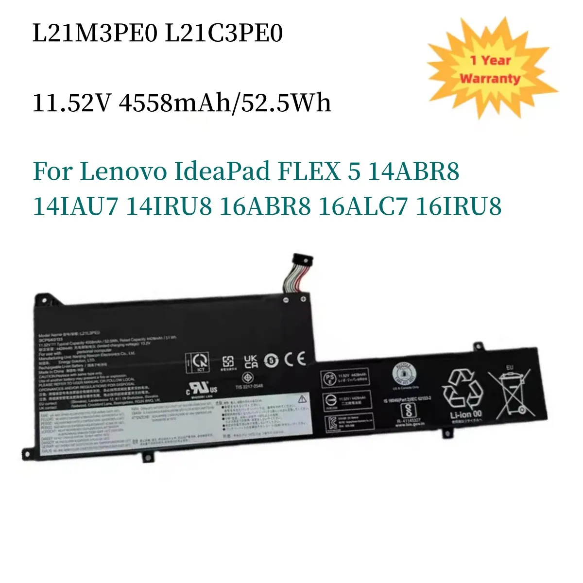 

52.5WH L21M3PE0 L21C3PE0 Laptop Battery For Lenovo IdeaPad FLEX 5 14ABR8 14IAU7 14IRU8 16ABR8 16ALC7 16IRU8 L21M3PE1 L21L3PE0