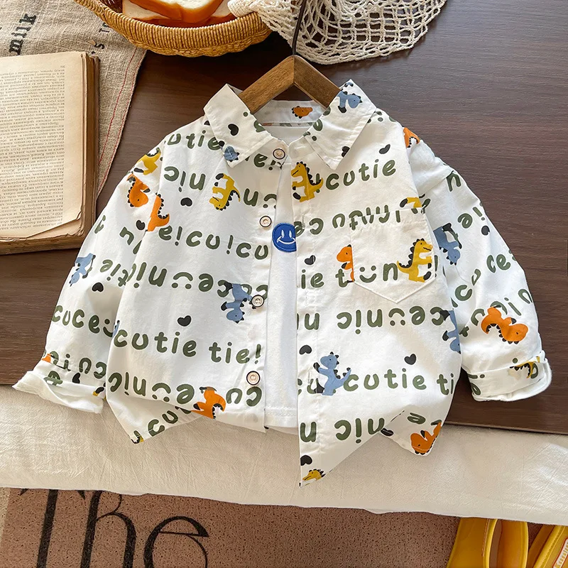 Veste chemise dinosaure pour garçons, nouveau Style d'automne à manches longues pour enfants, chemise à revers avec lettres, Style fin pour garçons et bébés, 2025