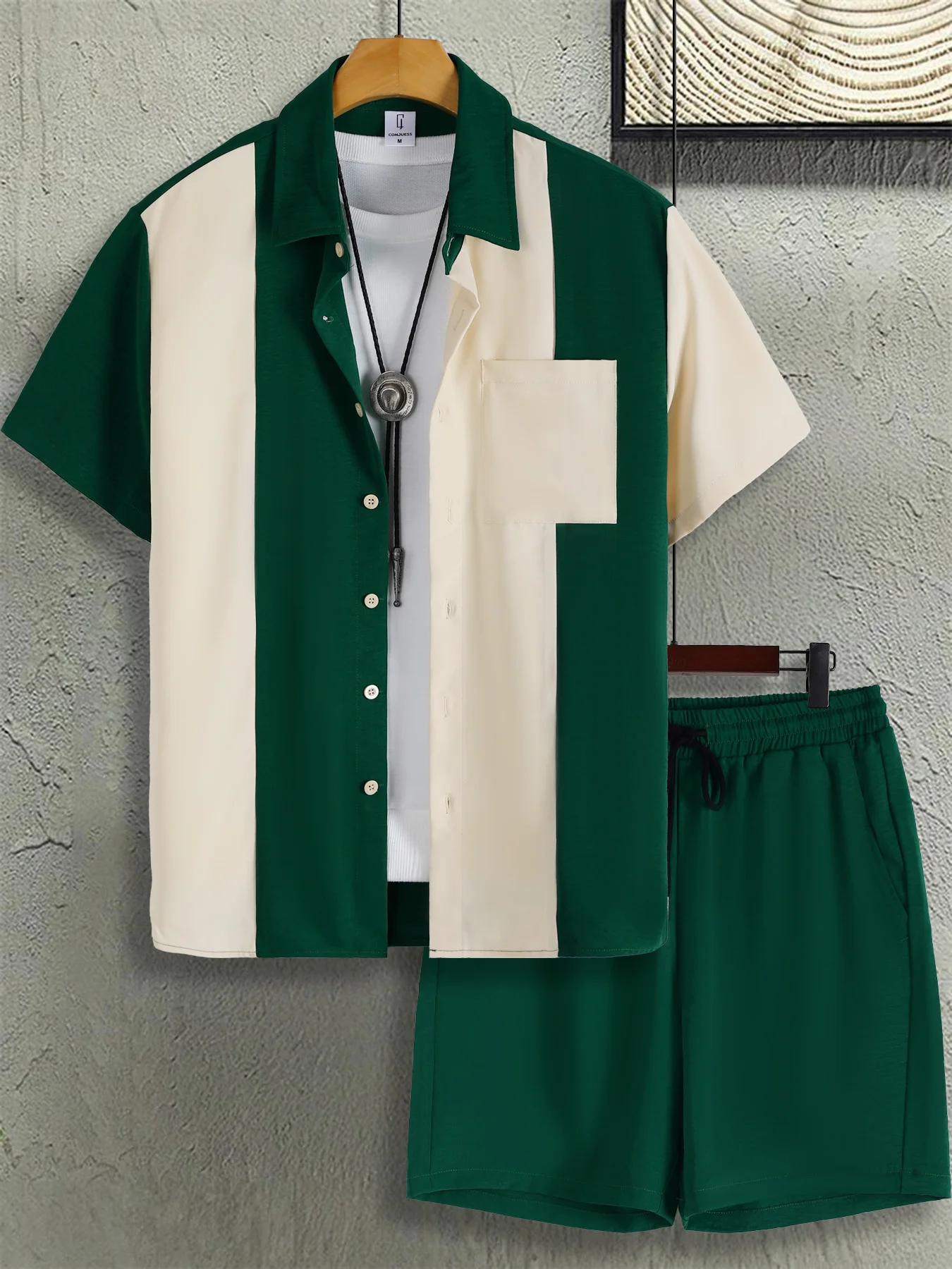 

Men's Sophisticated Color Block Casual Set Summer Cuban Collar Short Sleeve Shirt & Elastic Waist Beach Shorts 2 Piece