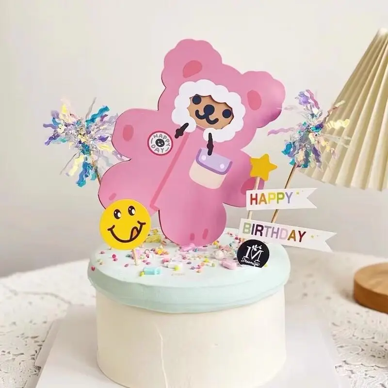 Cute Cake Decoration with Handwritten Greetings,Teddy Bear Greeting Cards Birthday Parties Small Gifts,5Pcs