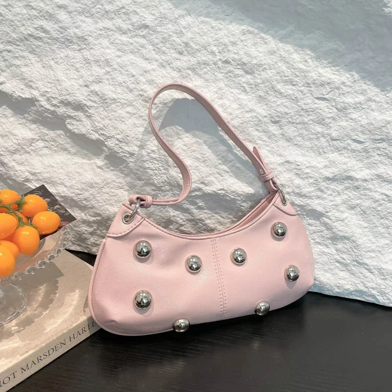 

2025 Spring Hot Sale Glossy PU Large Rivets Half Moon Shoulder Bags Fashionable Commute Versatile Popularity Women's Armpit Bags