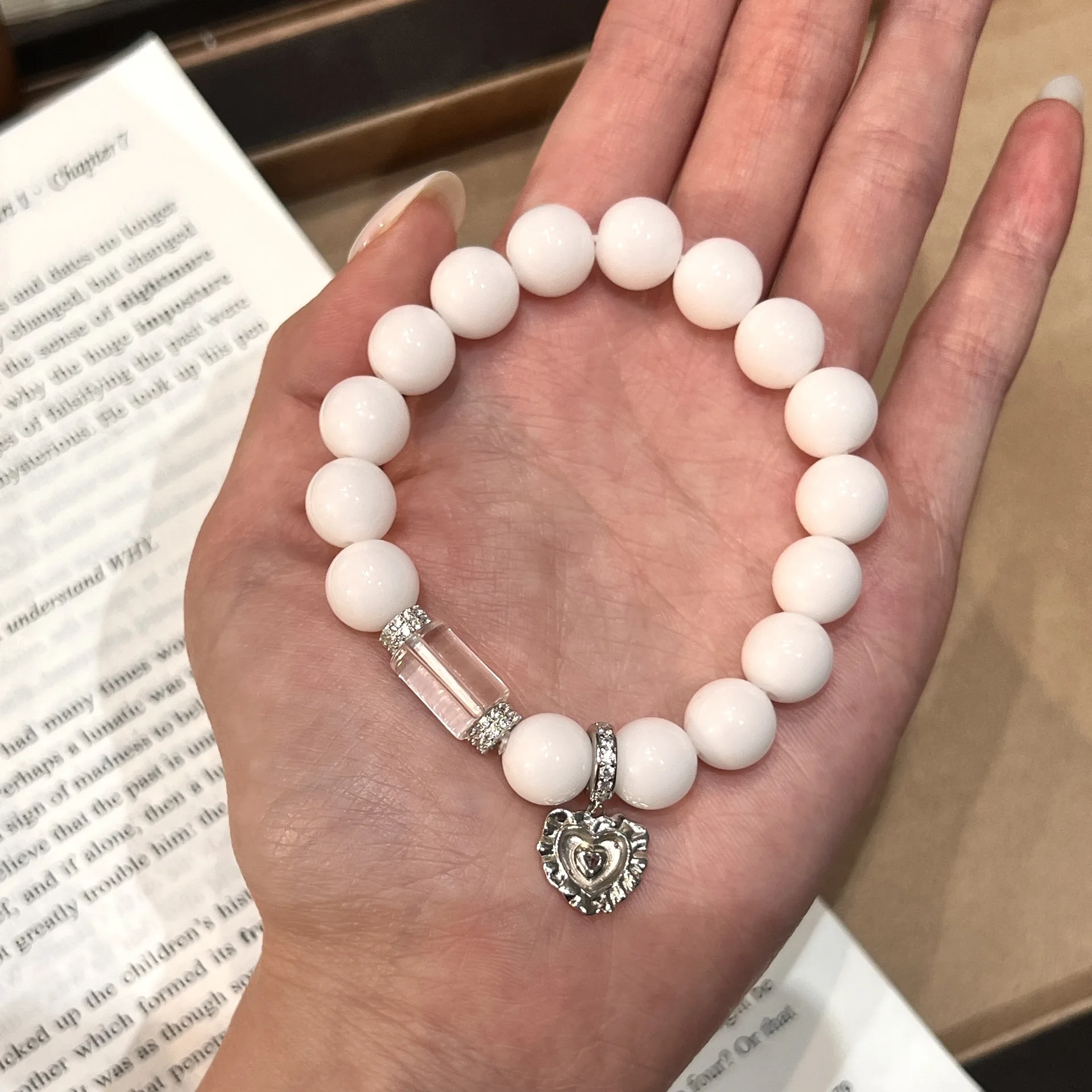 

S925 Sterling Silver Bodhi Seed Bracelet with Crystal Barrel Beads & Heart Charm | Vintage Minimalist Unisex Jewelry