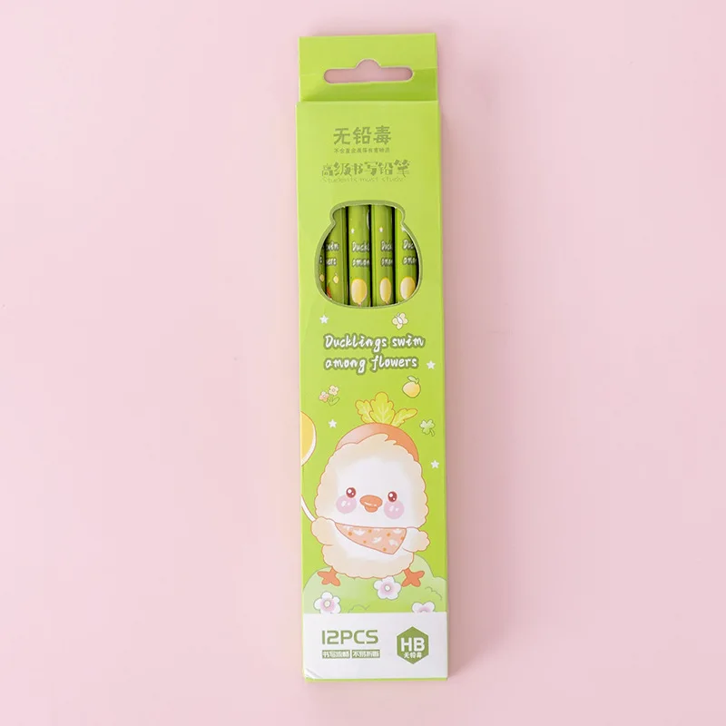 

12 Pcs/box School Students Drawing Pens School Supplies Cartoon Kawaii Pencil with Eraser