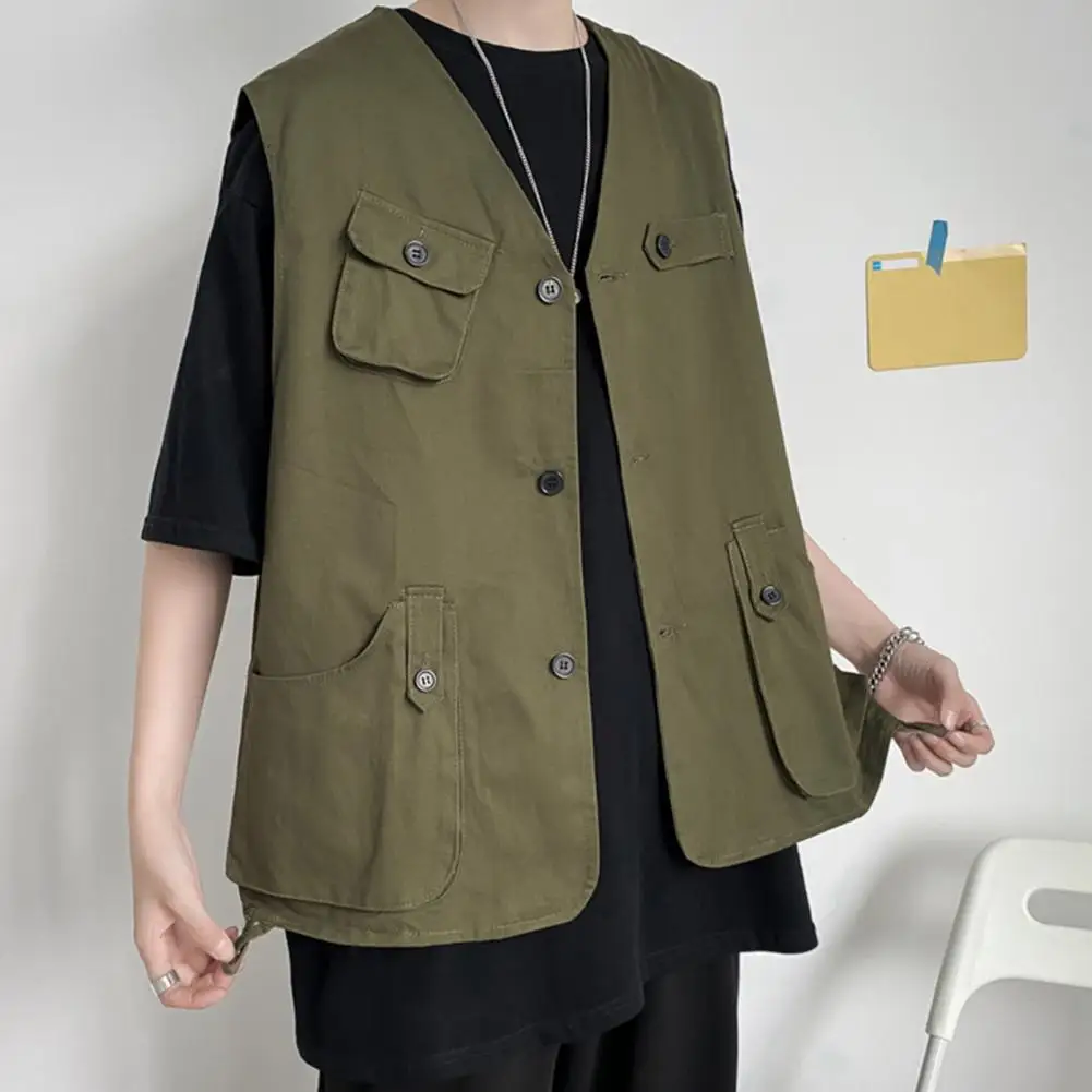 

Fade-resistant Men Waistcoat Men's Collarless Sleeveless Cargo Waistcoat with Multi Pockets Buttons Closure Solid Color for Thin