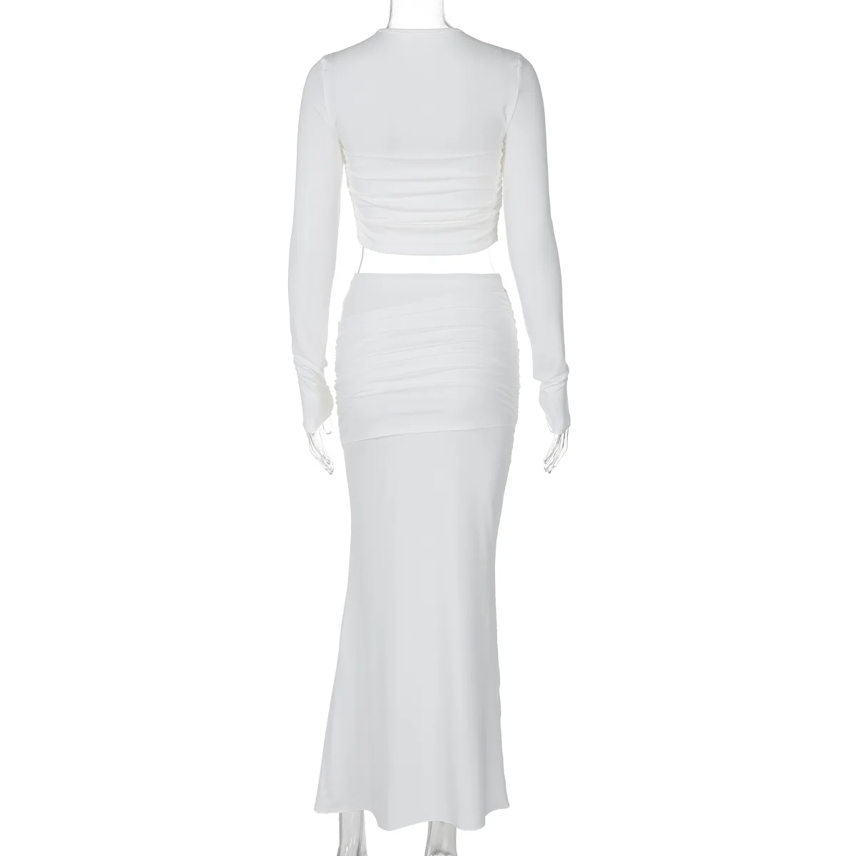 Elegant Pleated Long White Dress Set Long Sleeve Top Pacthwork Slim Fit Maxi Dress Sexy 2024 Summer Homecoming Dresses