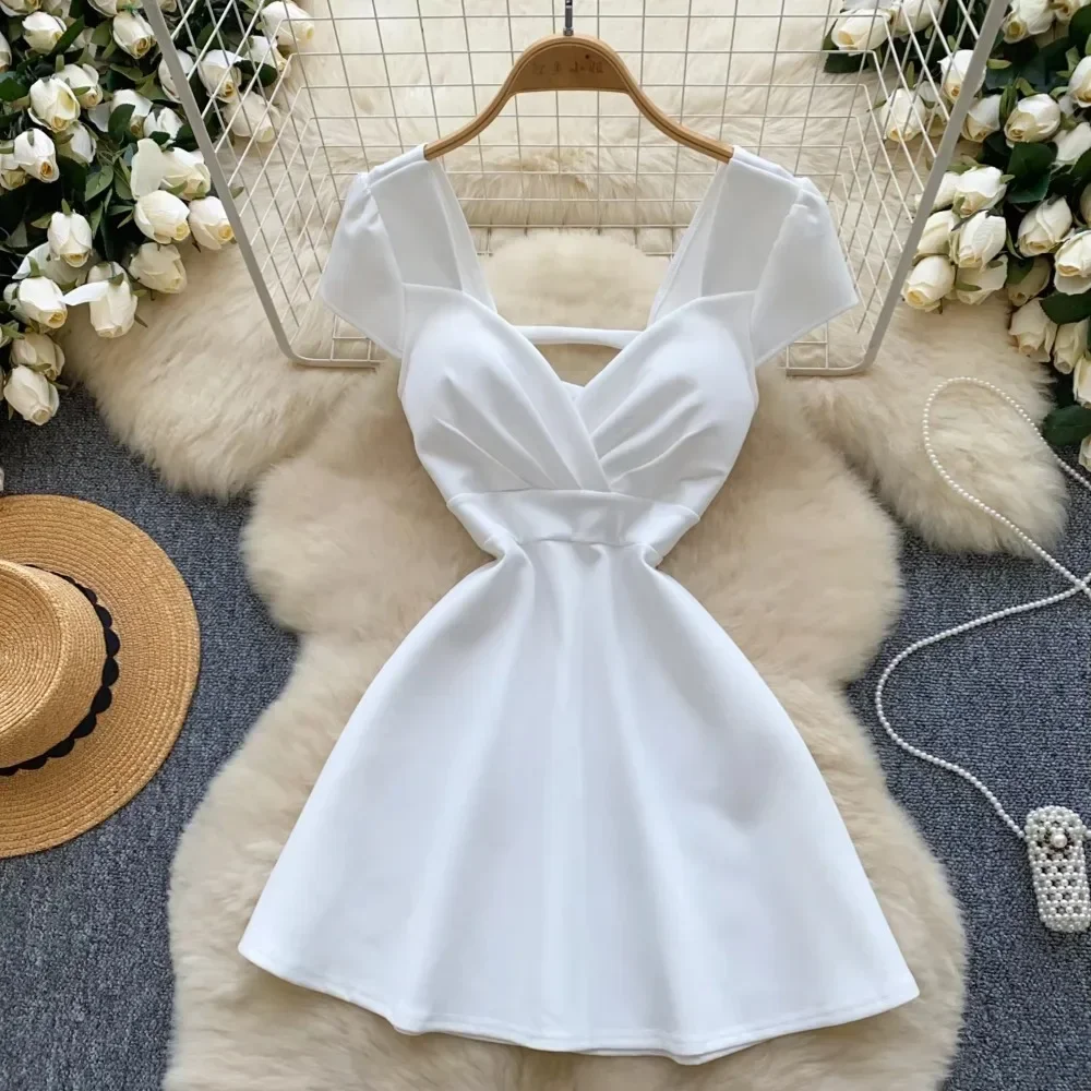 Chic Elegant Pleated Zipper Short Sleeve Korean Sexy Backless A-line Dresses Slim Vintage High Street Evening Women Clothing