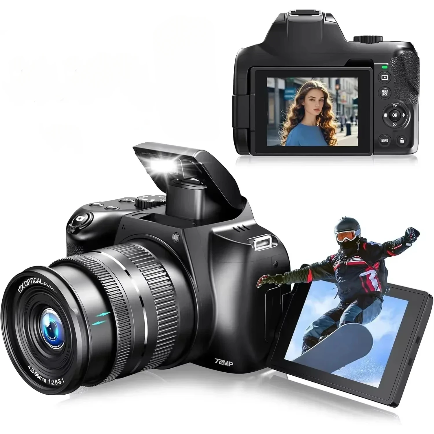 

Цифровая камера 4K для фотографии, веб-камера с 12-кратным оптическим зумом для видеоблогов для YouTube, 72 МП, HD, Wi-Fi, видеокамеры с автофокусом, прямой трансляцией