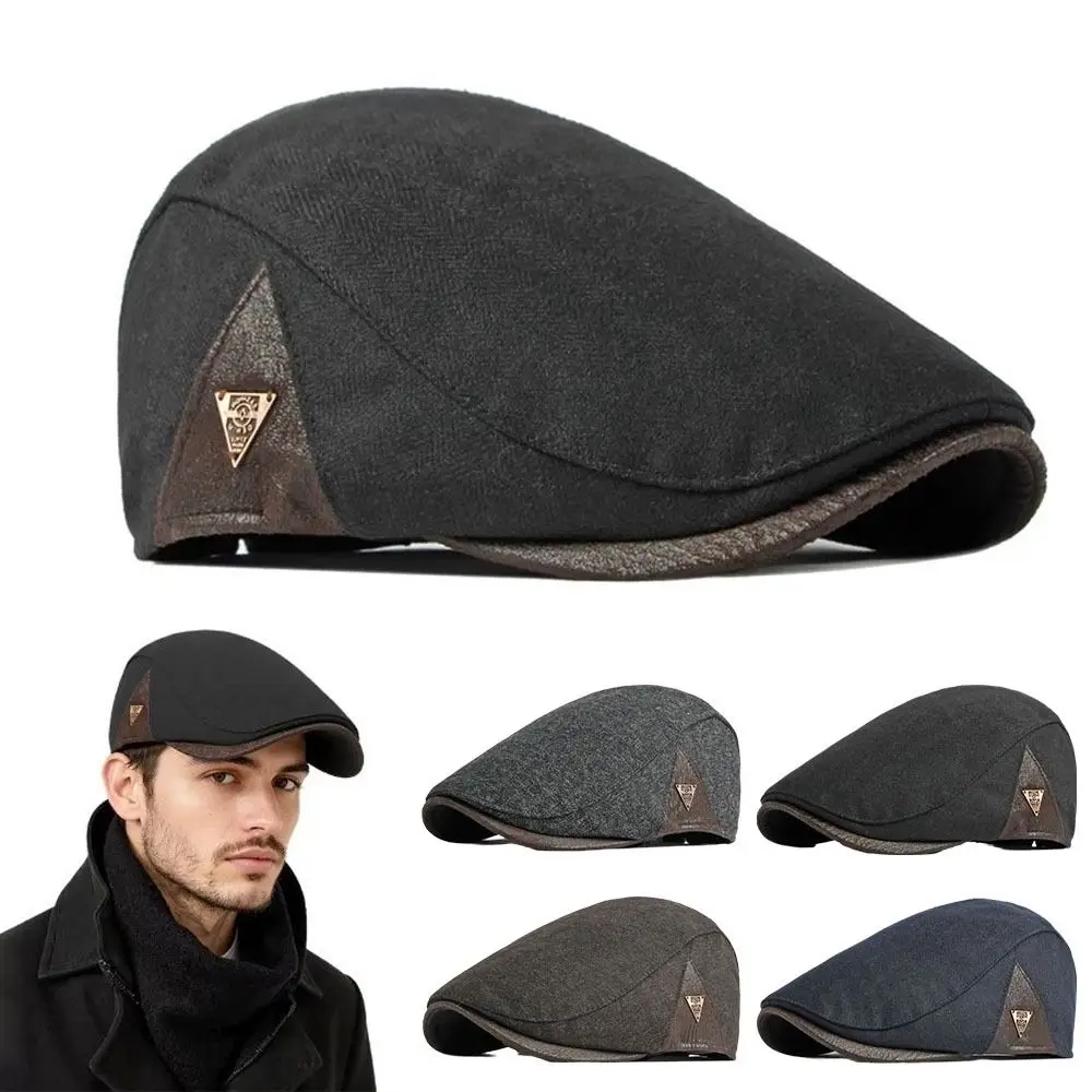 

Fashion Retro British Beret Hat Thick Warm Side Triangle Label Painters Hats Flat Top Adjustable Newsboy Caps