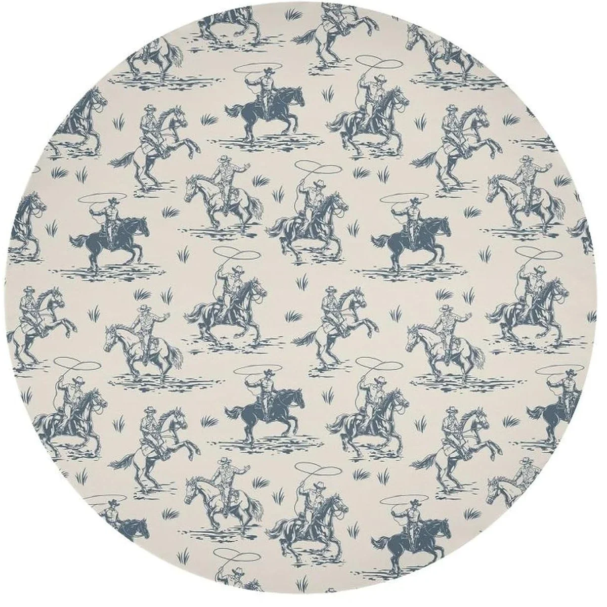 Vintage Western Cowboy Round Tablecloth West Cowboy Ride Horse and Desert Cactus Pattern Print Washable Cover for Home