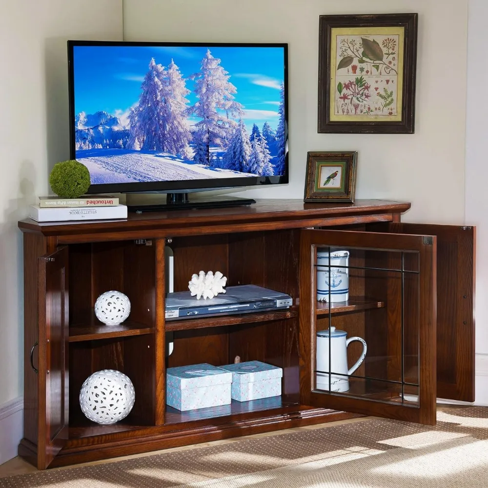 

Leaded Glass Three Door Corner TV Stand with Enclosed Storage For 50" TV's, Burnished Oak