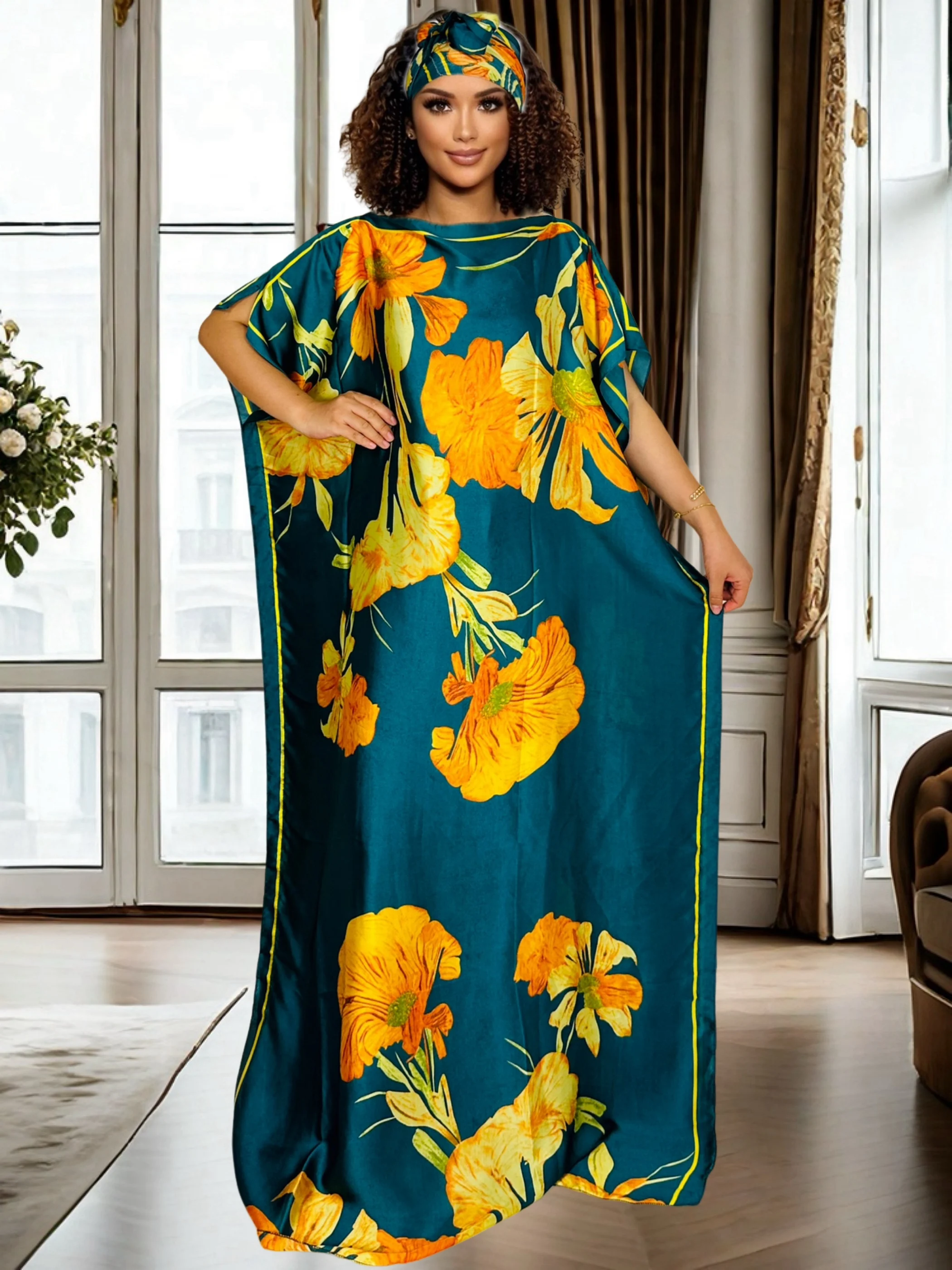 

Elegant Plus Size Middle Eastern Kaftan Vibrant Floral Print Kaftan with Scarf