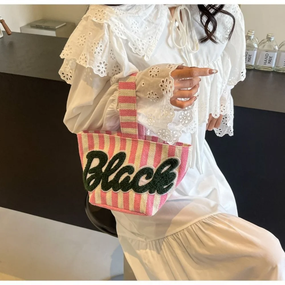 Summer Small Canvas Handbag Commuter Phone Bag Striped Buet Bag Faionable Versatile Handheld Bag for Young Women Girls image 4