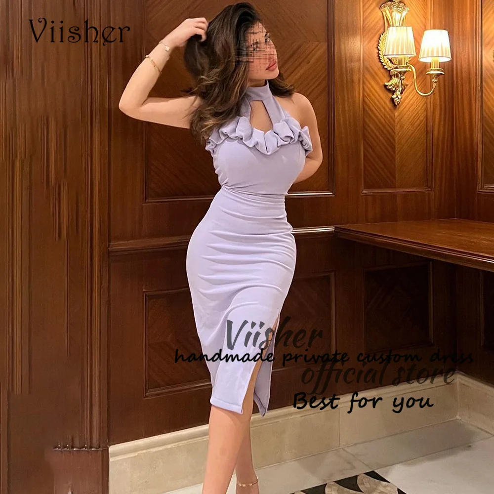 

Viisher Lavender Mermaid Evening Dresses Saudi arabic Pleats Satin Tight Formal Prom Dress with Slit Tea Length Evening Gown