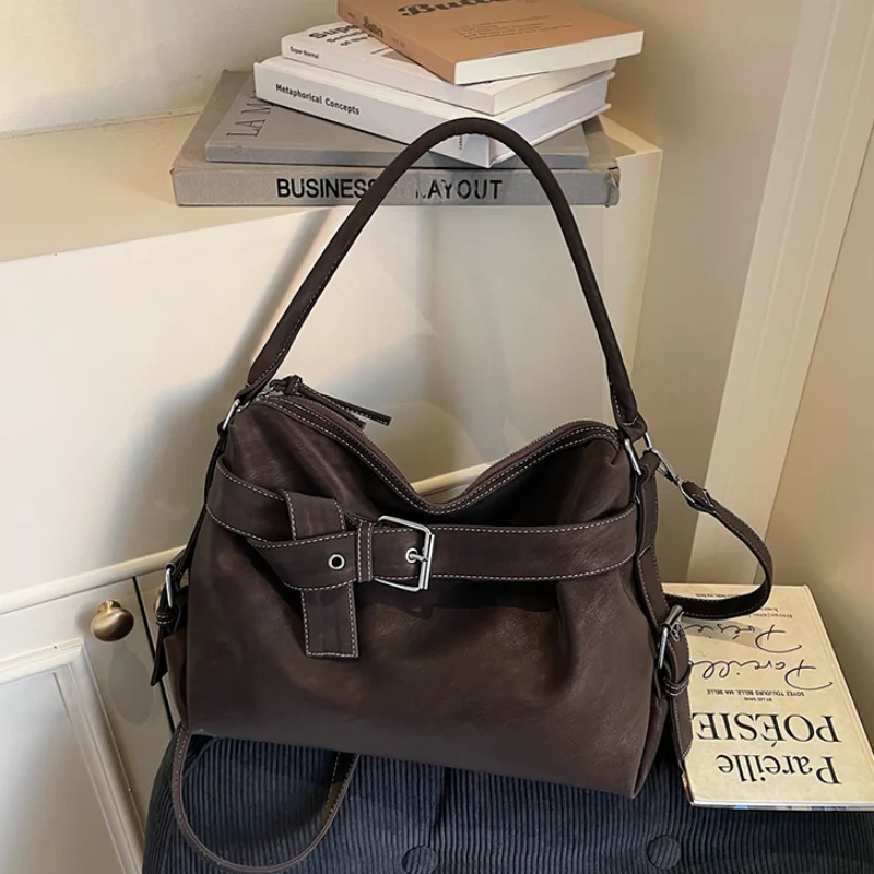 

Casual Tote Bag Stylish Simple Shoulder Bag Korean Belt Buckle Handbag Highquality Pu Zipper Shoulder Bag Commuter Crossbody Bag