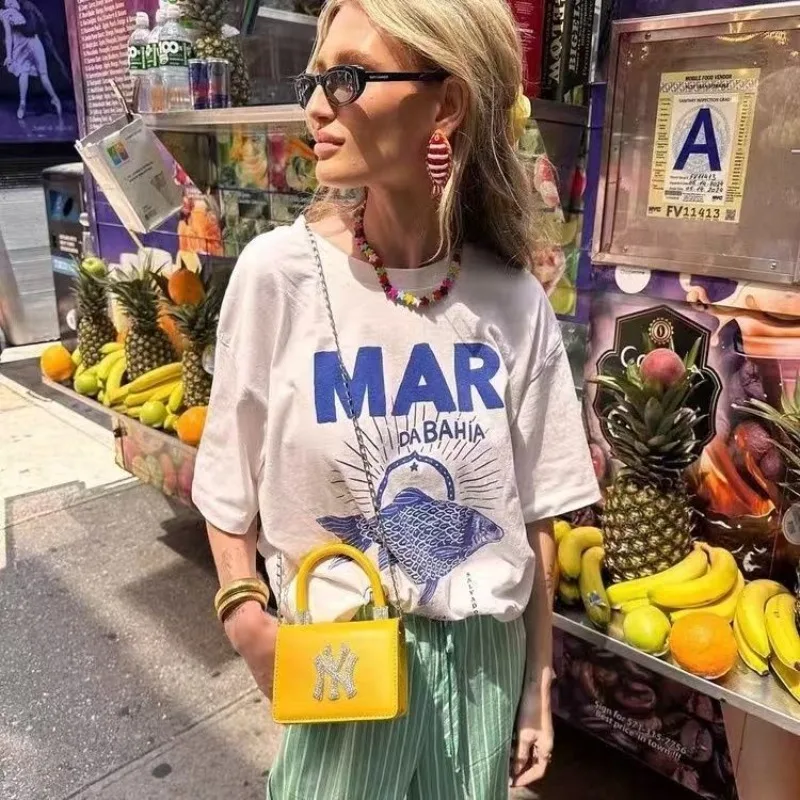 Camiseta Feminina Estampada Estilo Brasileiro DA BAHIA com Padrão de Peixe Azul, Camiseta Versátil e Fofa de Manga Curta Estilo Coreano Japonês