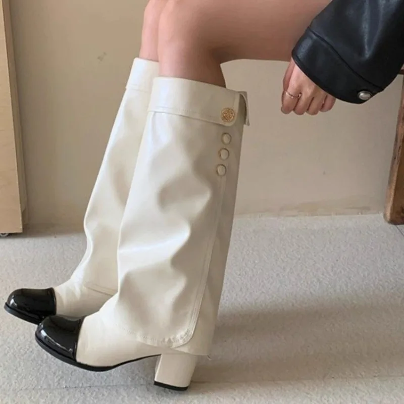 Elegant Black White Spliced Knee High Boots Ladies Foldable Cuff Gold Buttons Round Toe Block Heel Tall Boots view 3
