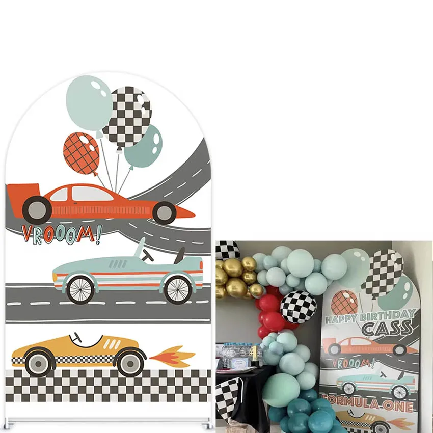 

Mehofond Custom 2-Sided Race Car Theme Racing Boys Birthday Party Baby Shower Covers Chiara Arch Wall Background Decor Backdrop