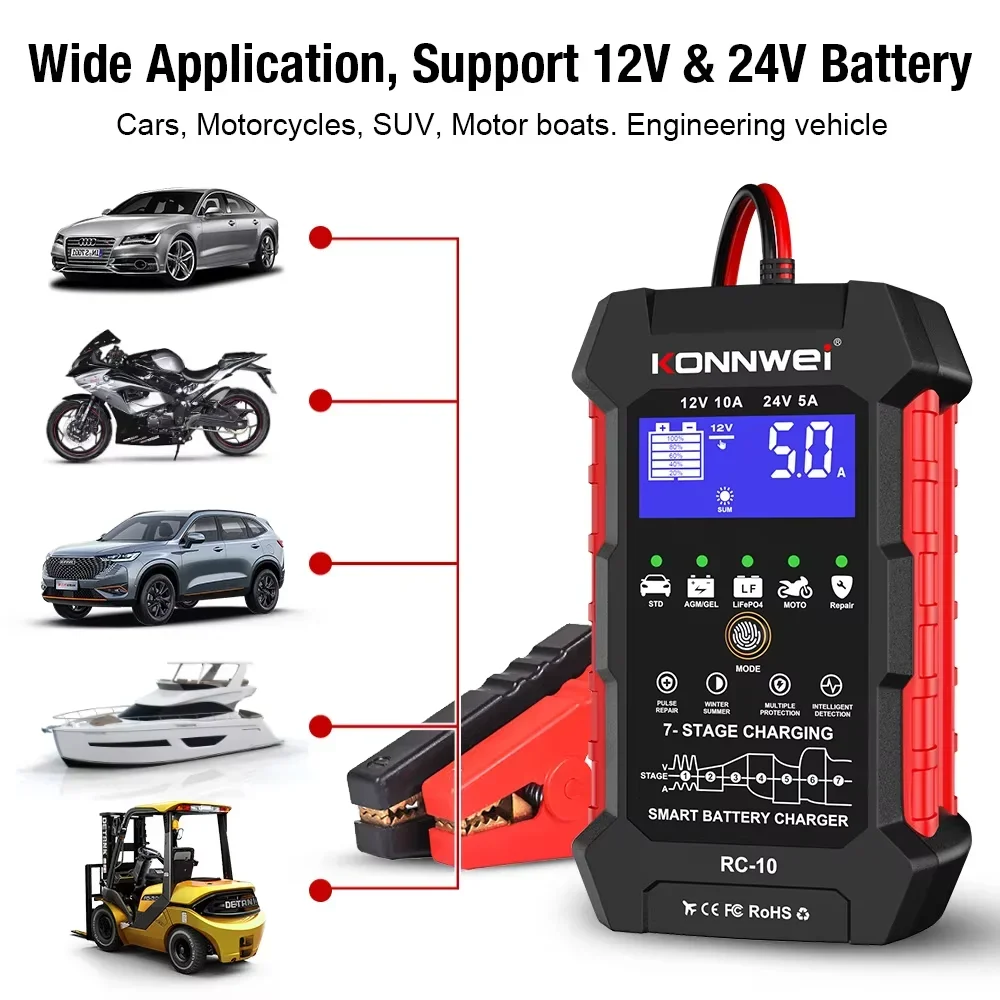 

KONNWEI RC10 12V 24V Battery Charger 10A 5A Pulse Repair Tool Automotive Repair Tool for Car Truck Lead Acid AGM Batteries