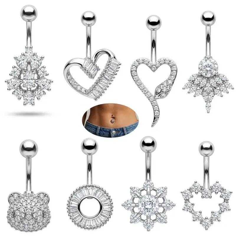 Butterfly Flower Belly Button Rings Long Dangle Crystal Charm Stainless Steel Navel Barbell Women Body Jewelry