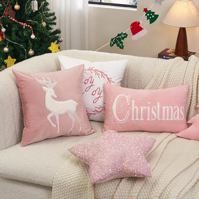 

Cute Pink Christmas Cushion Cover New Year Festival Christmas Embroidered Pillow Cover Sofa Decorative Home Decor Throw Pillows