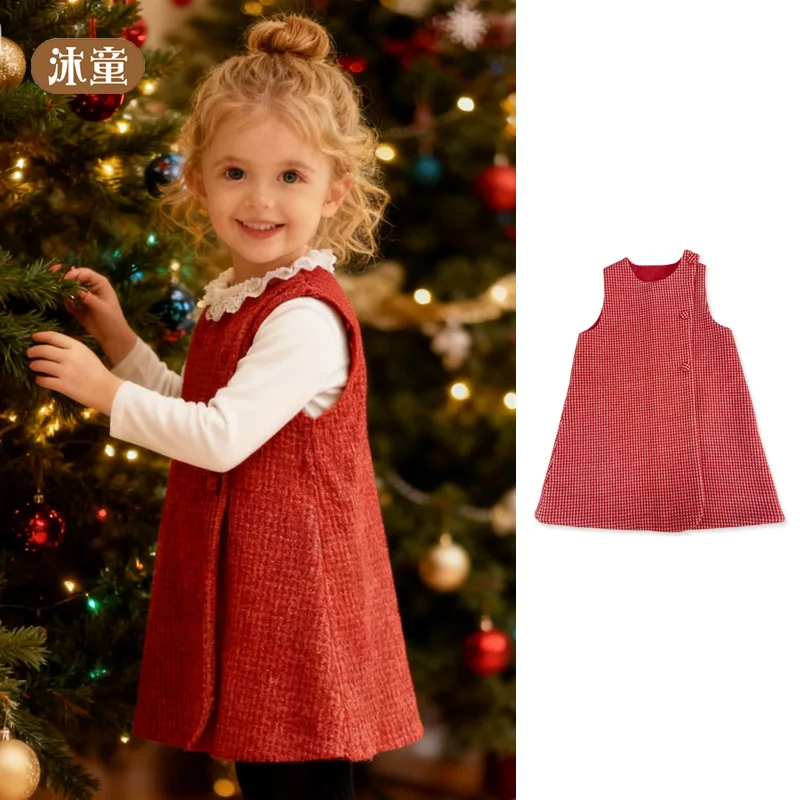

Girls' Dress2025Autumn Winter Christmas New Year Red Plaid Gentle Style Versatile Girl Baby Dress Tank Dress