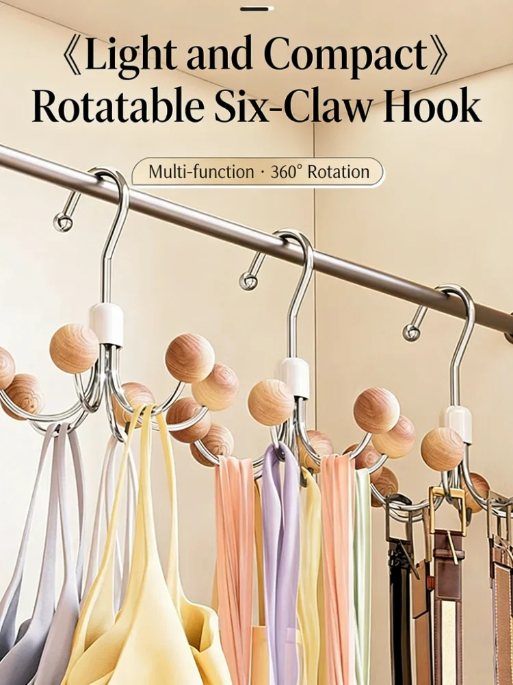 6-Claw Rotating Closet Organizer Hook - Wooden Bead Space-Sa